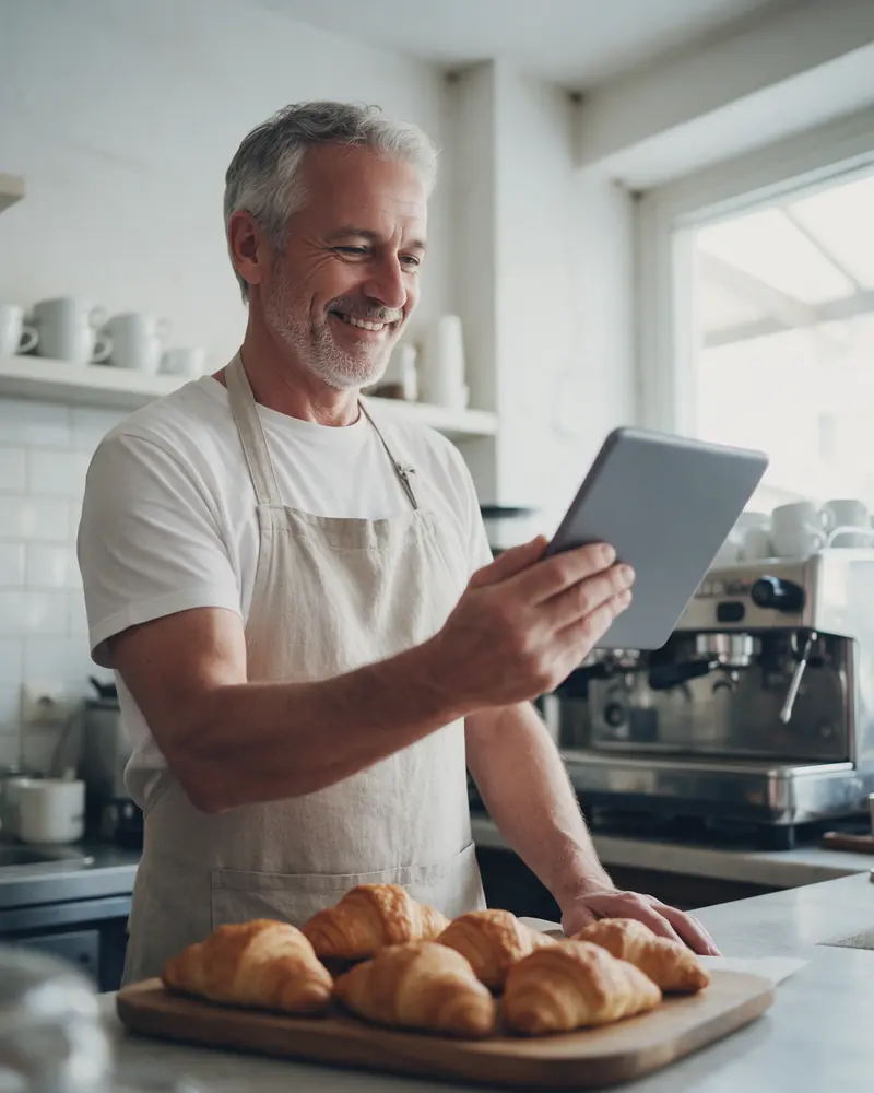 A grey-haired baker in an apron smiles at a tablet behind his counter, a tray of croissants in front of him