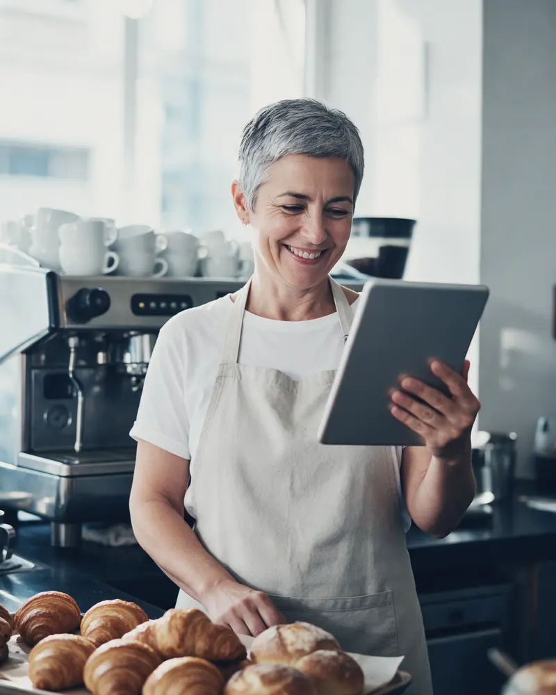 A bakery owner in an apron smiles at a tablet behind her counter, a tray of croissants in front of her
