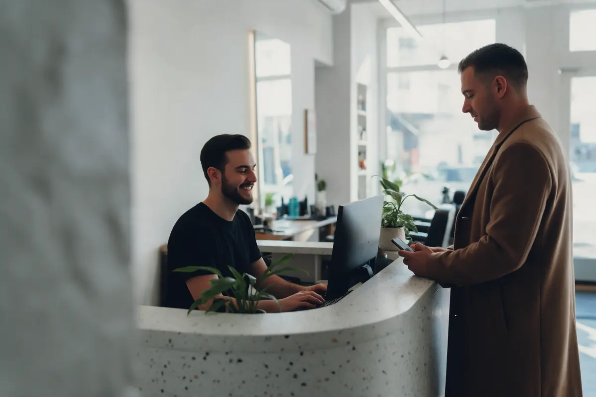 A receptionist smiles at his screen at a terrazzo front desk while a client in a long coat waits holding his phone