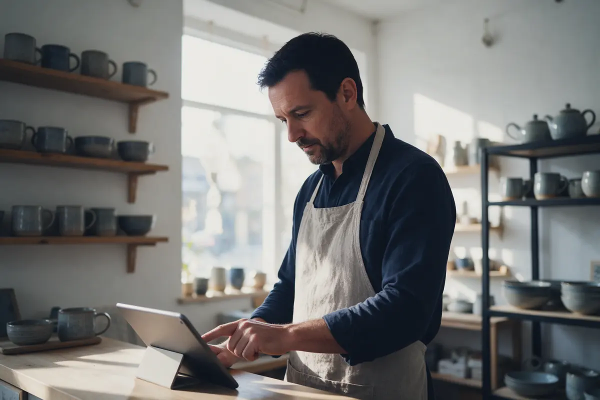 A shop owner in a linen apron taps a tablet on his counter, shelves of handmade mugs and teapots behind him