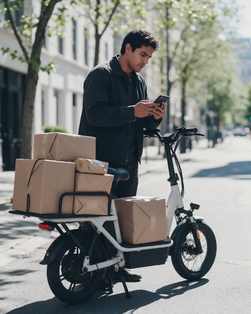 A delivery rider beside a cargo scooter loaded with parcels checks his phone on a sunny street