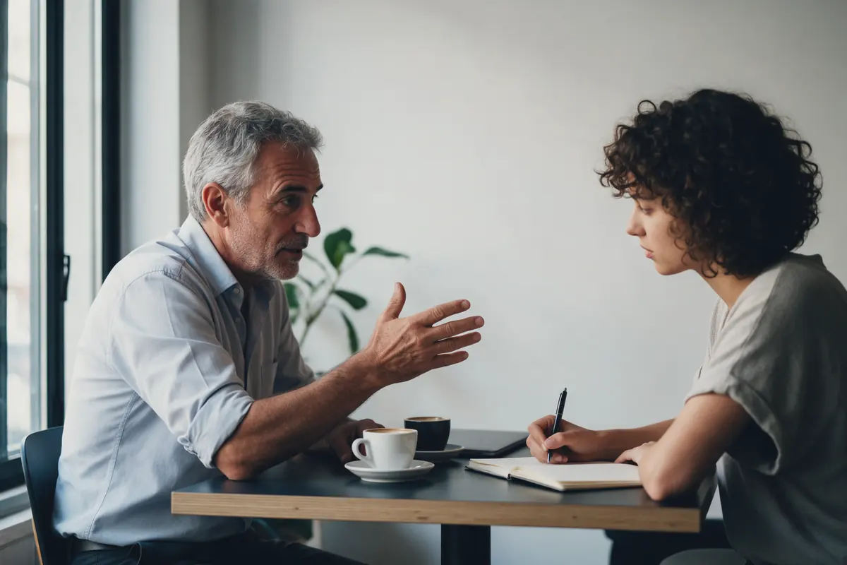 A grey-haired business owner explains how his business works while a young woman listens and takes notes
