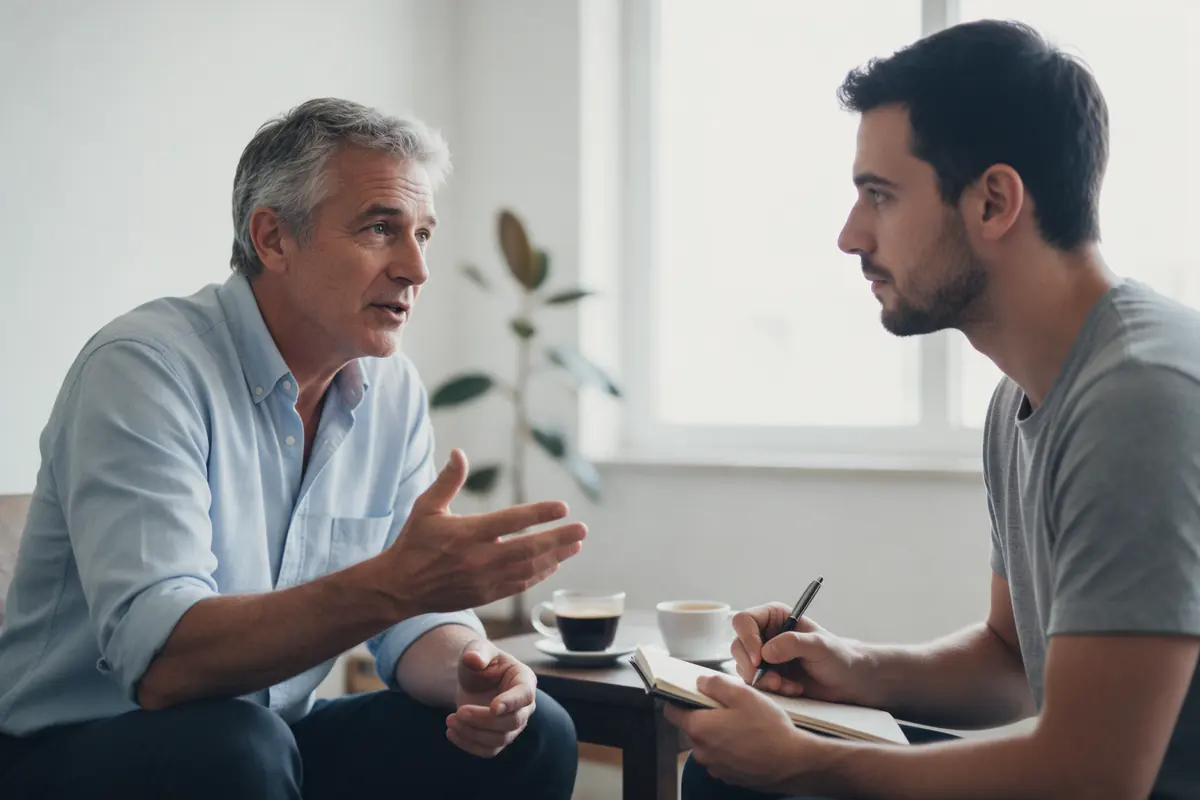 A grey-haired business owner explains how his business works while a younger man listens and takes notes