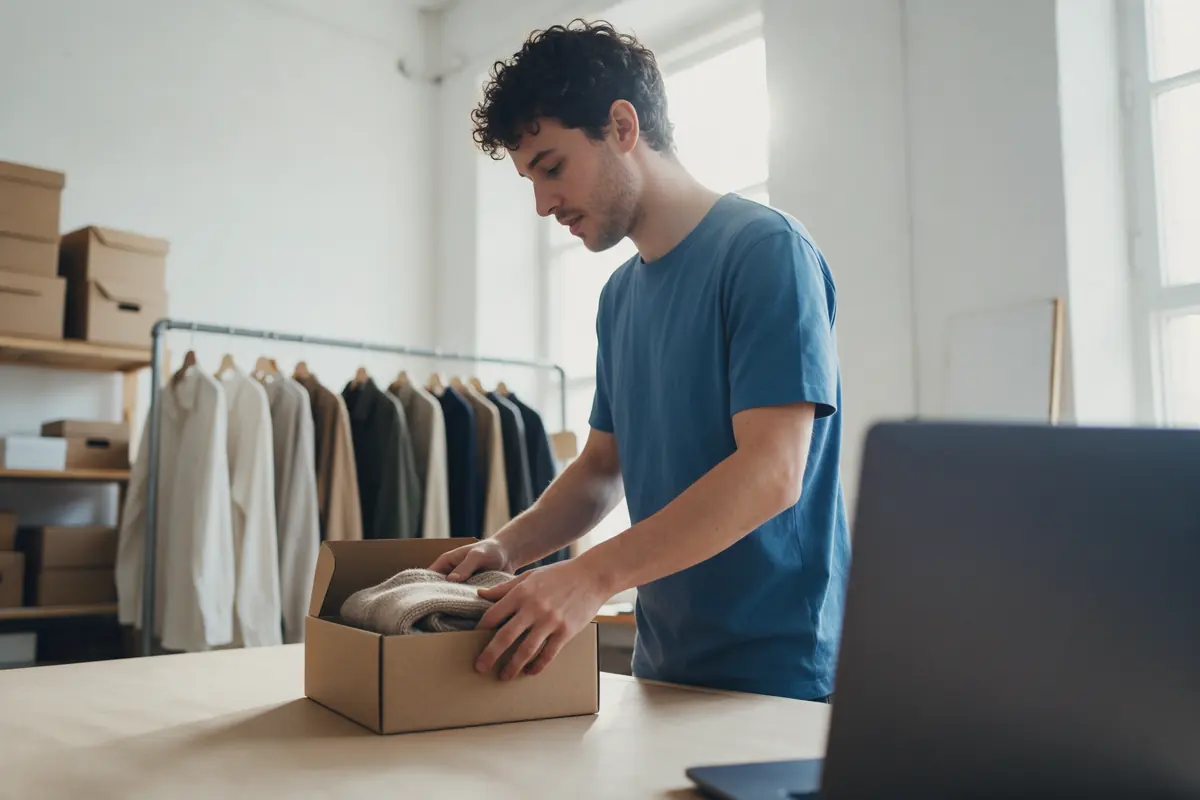 A young man who runs an online clothing shop packs a sweater into a kraft box at his studio table