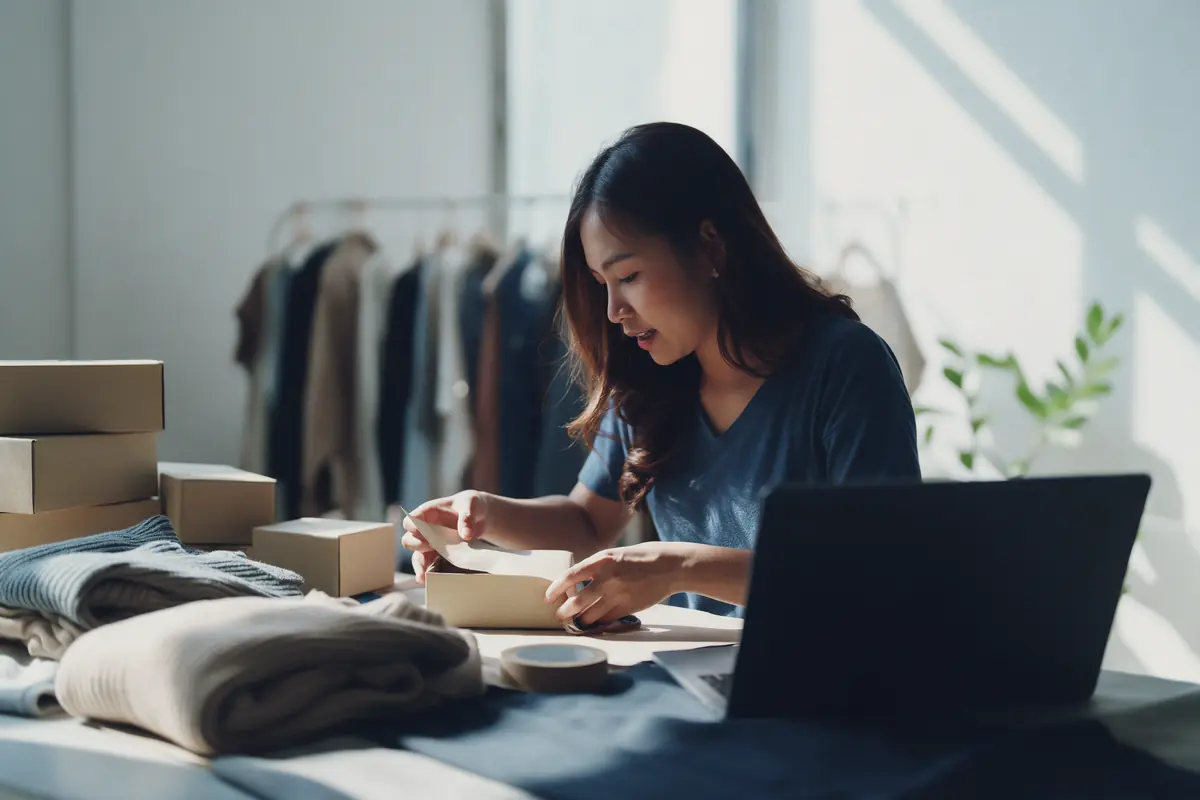 A young woman who runs an online clothing shop packs an order into a kraft box at her studio table
