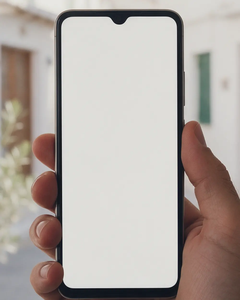 A hand holds up a phone in a sunny doorway