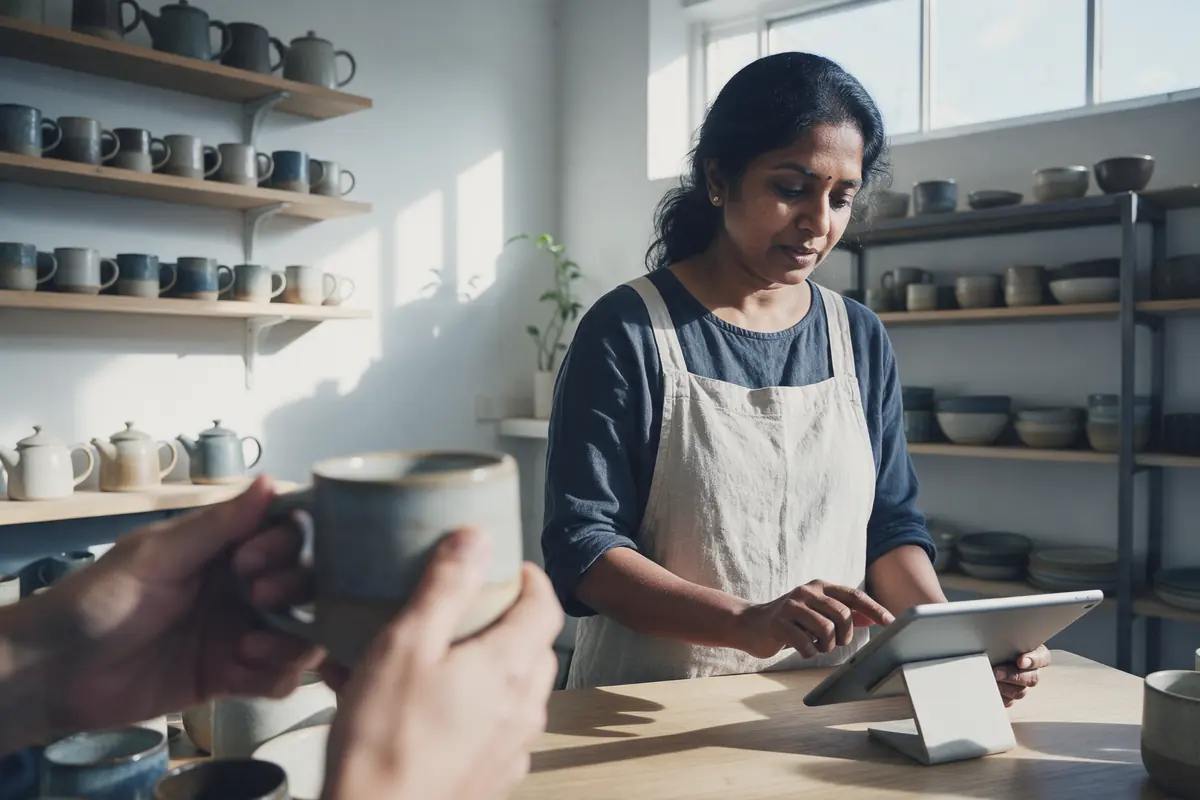 A shop owner in a linen apron rings up a sale on a tablet at her counter, shelves of handmade mugs and teapots behind her