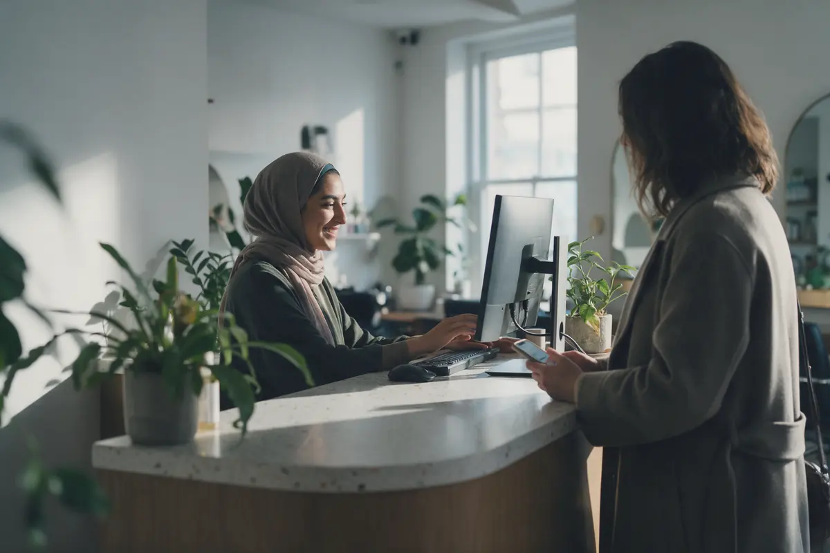 A receptionist in a headscarf smiles at her screen while a client waits at a terrazzo desk holding her phone