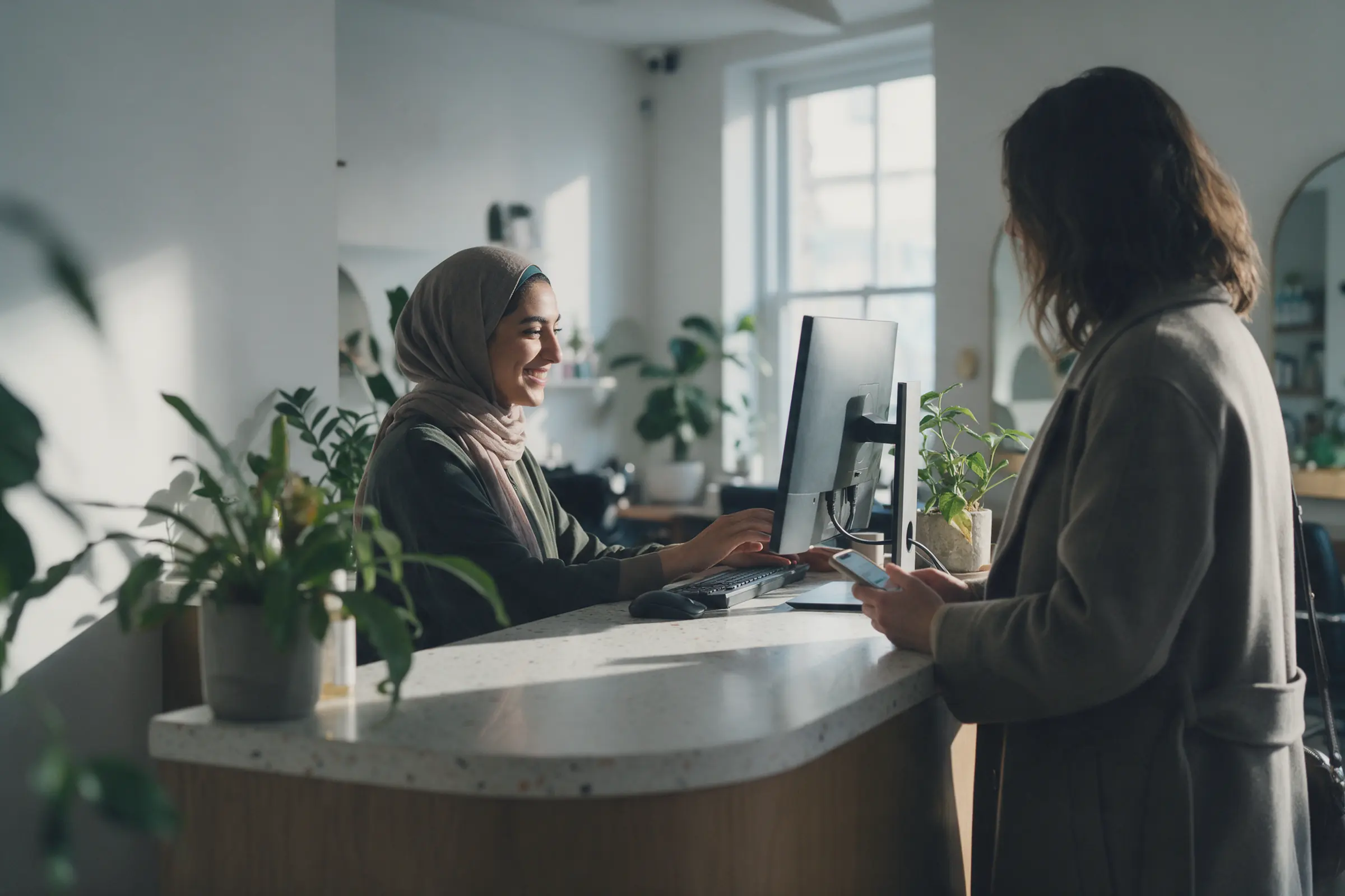 A receptionist in a headscarf smiles at her screen while a client waits at a terrazzo desk holding her phone