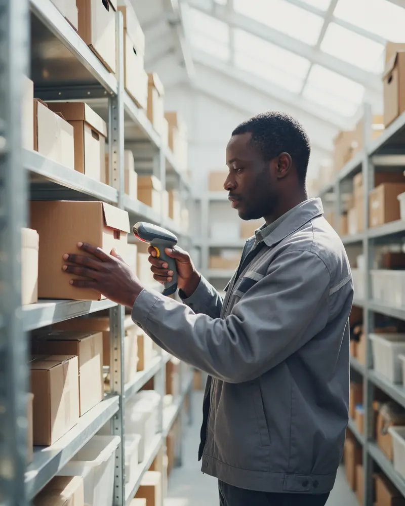 A warehouse worker scans a box on a metal shelf with a handheld barcode scanner