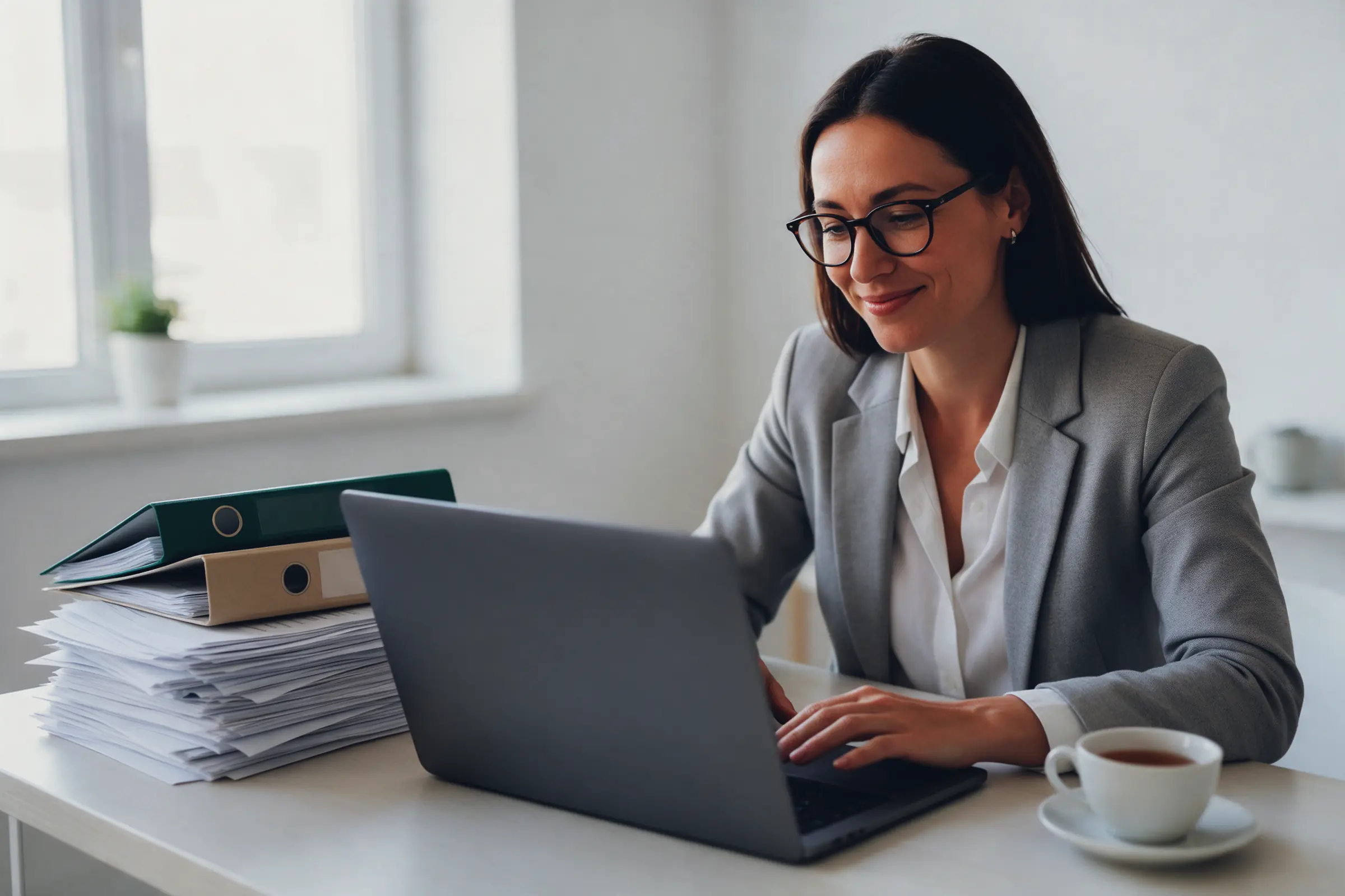 An accountant smiles at her laptop at a bright desk, a stack of paper documents and two binders beside her