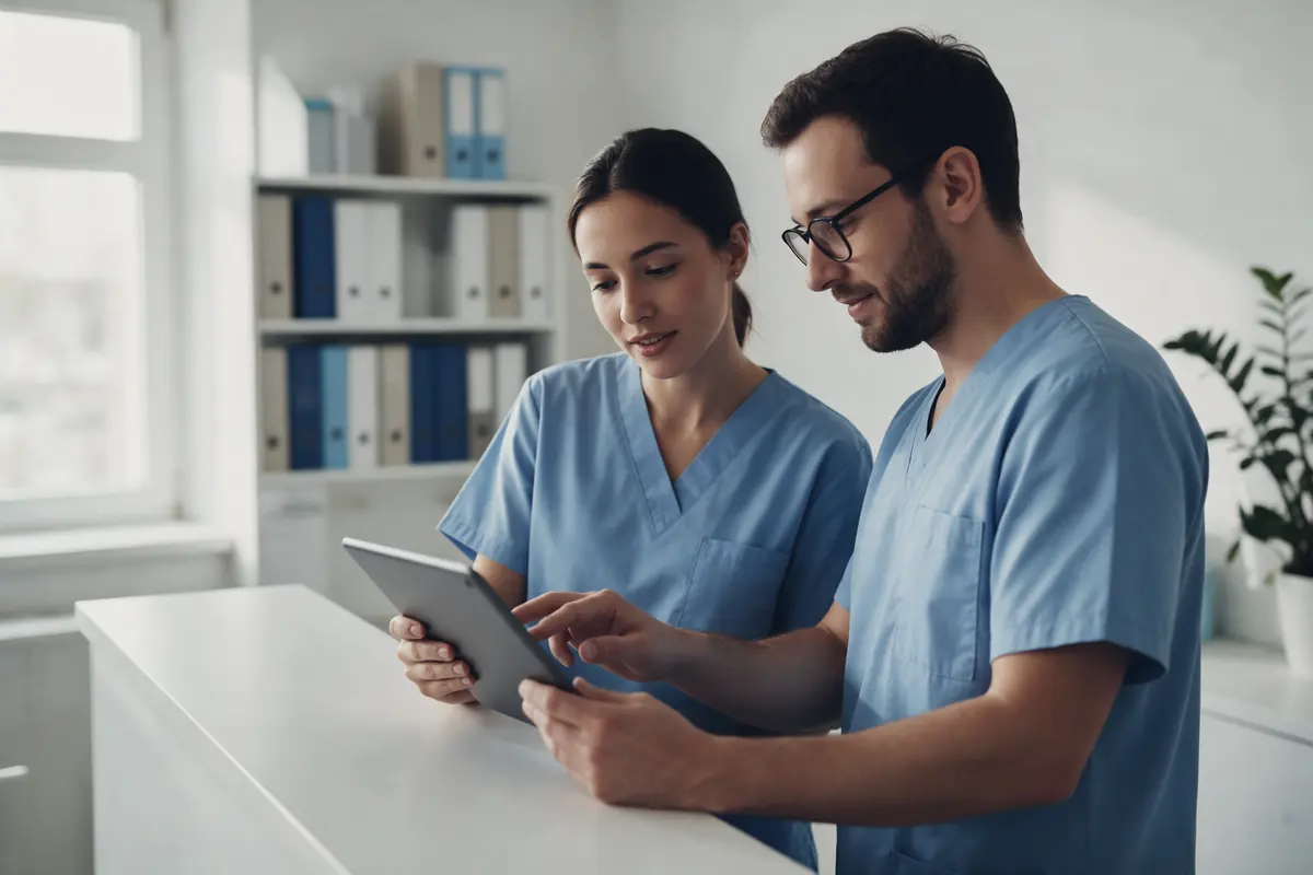 Two staff members in scrubs check something on a tablet together at a clinic's back-office counter