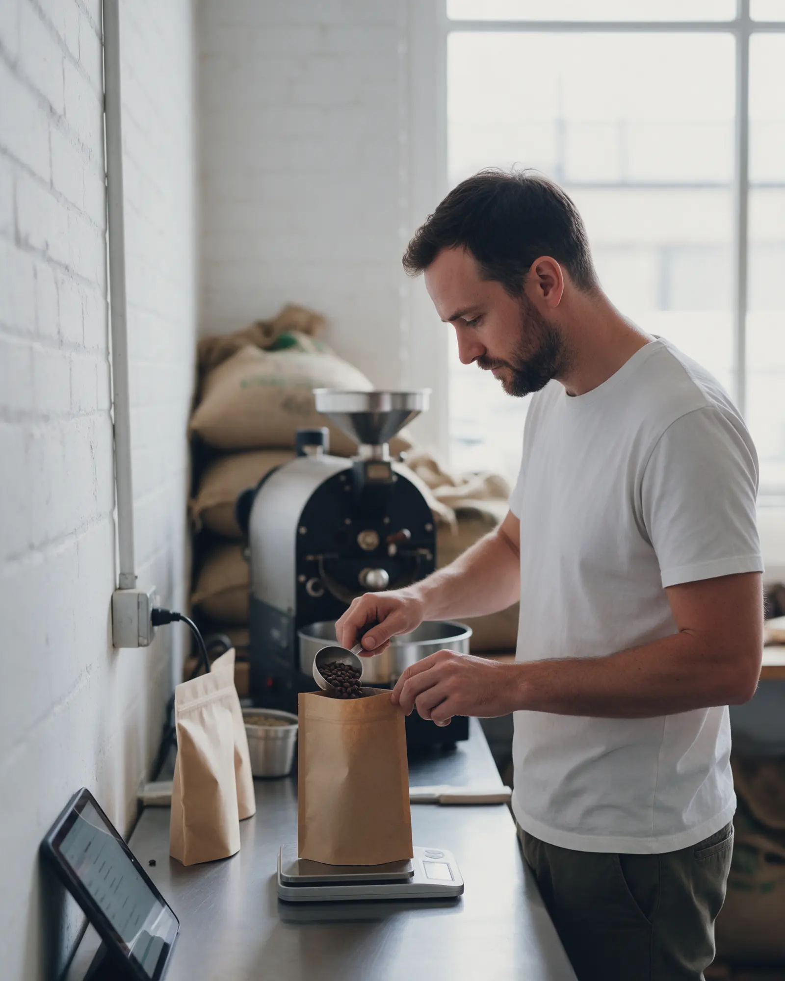 A coffee roaster weighs beans into a kraft bag at his workbench, the day's orders on a tablet beside him