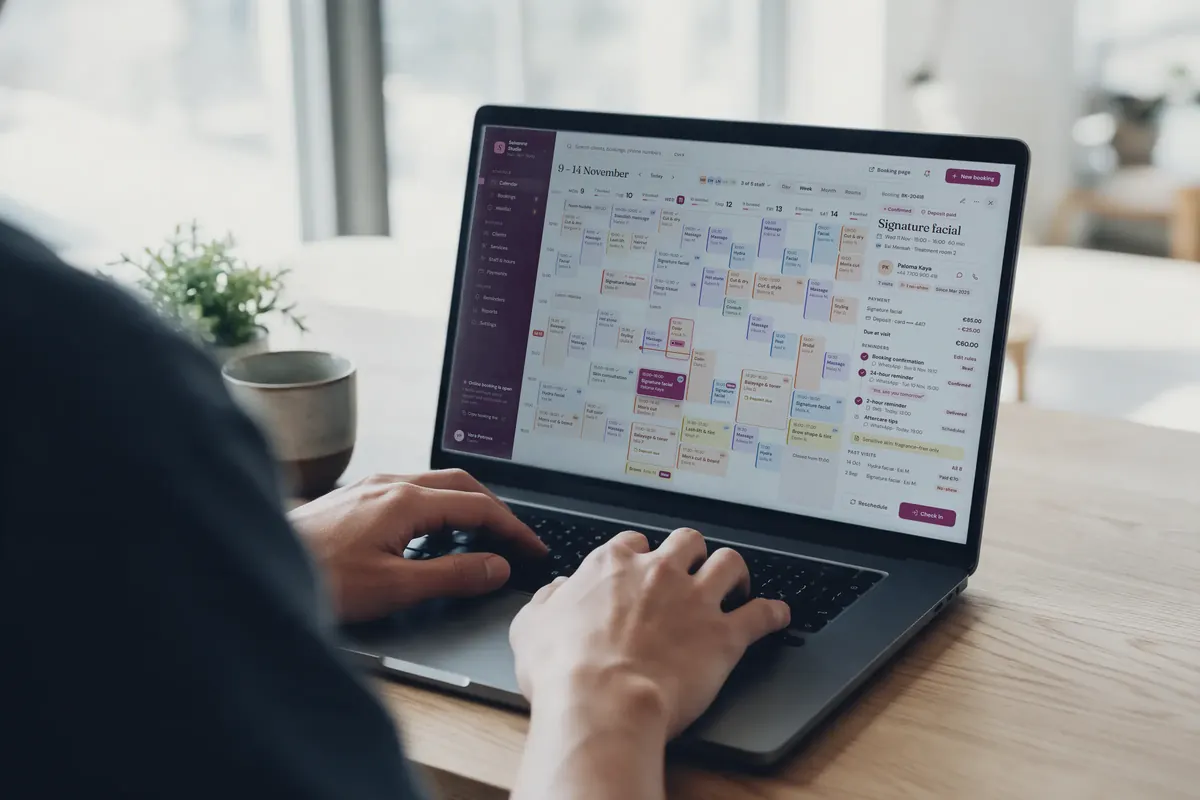 Hands typing on a laptop showing the booking system's staff calendar