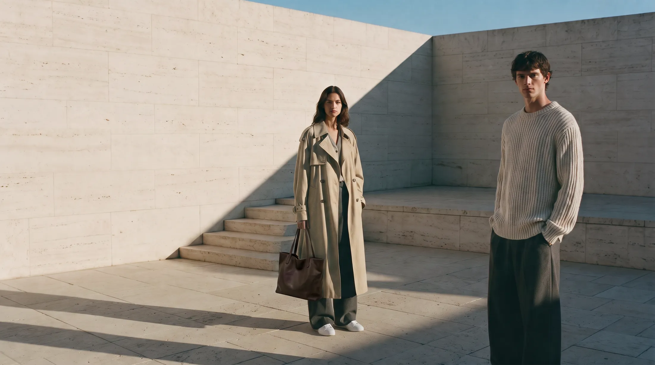 A campaign photo from the online store: a woman in a long trench coat and a man in a thick knit jumper stand in a sunny stone courtyard