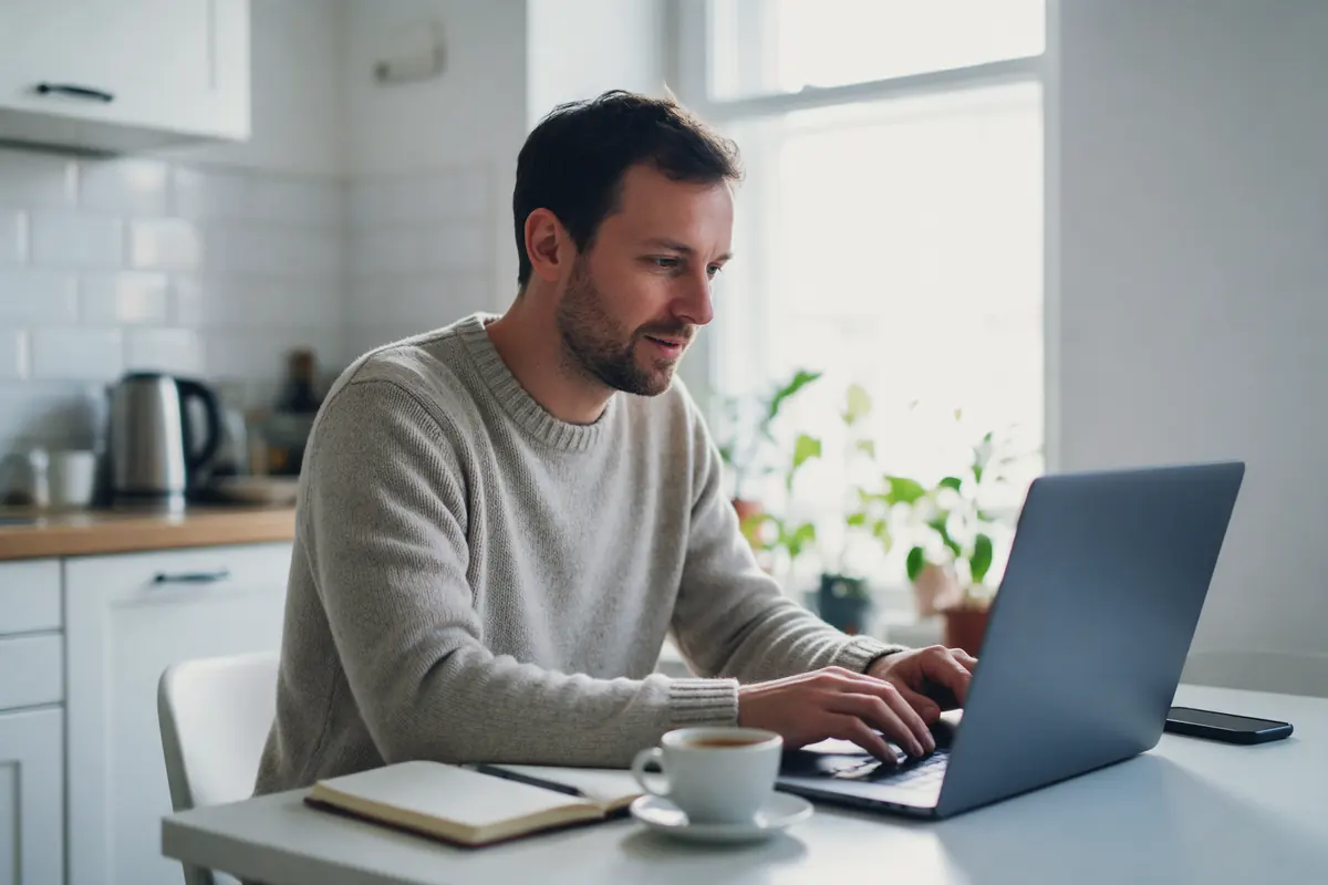A small business owner types a message on his laptop at a bright kitchen table, a notebook and a coffee beside him