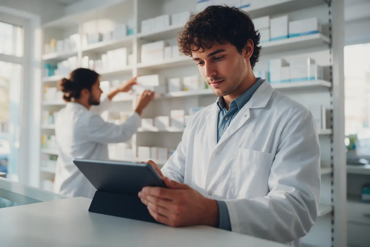 A pharmacist checks stock on a tablet at the counter of a bright pharmacy