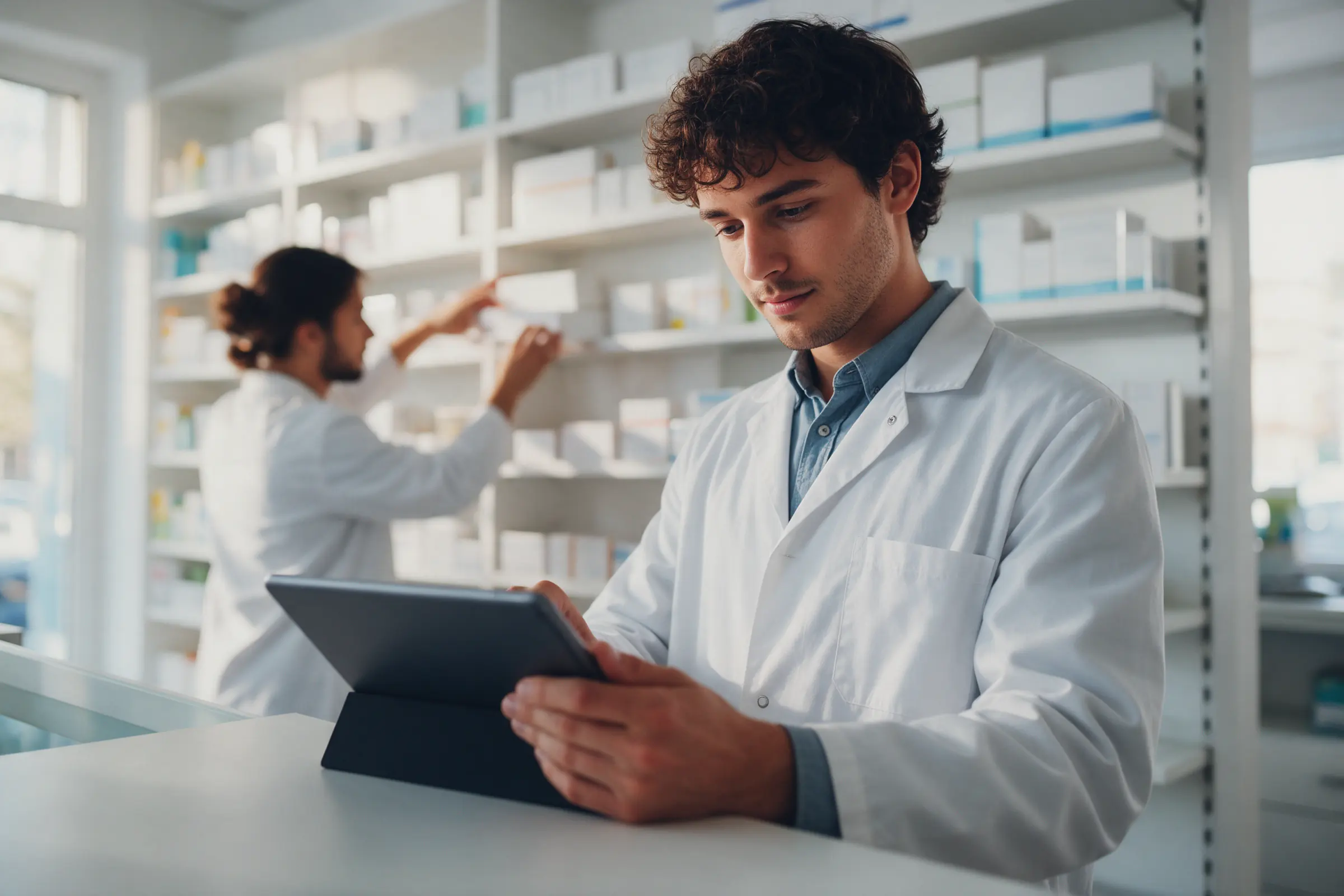 Morning in a bright pharmacy: a pharmacist checks stock on a tablet at the counter while a colleague fills the shelves behind him