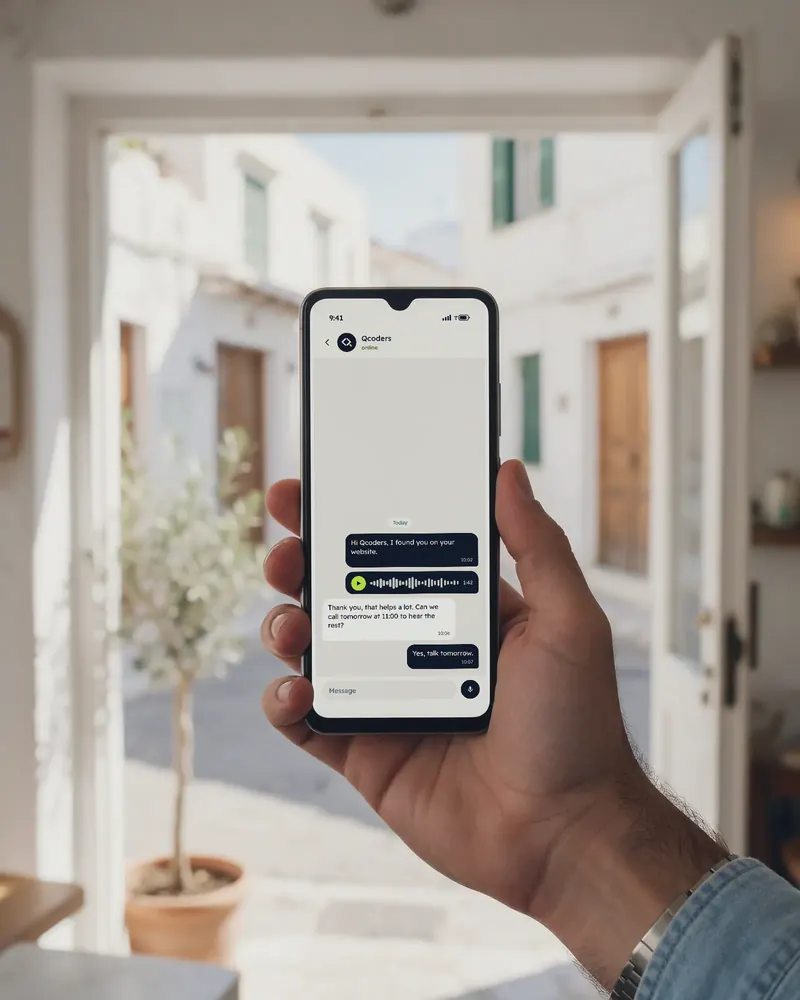 A hand holds up a phone in a sunny doorway; on screen, a chat with Qcoders: a first message, a voice note, and a reply asking for a short call tomorrow