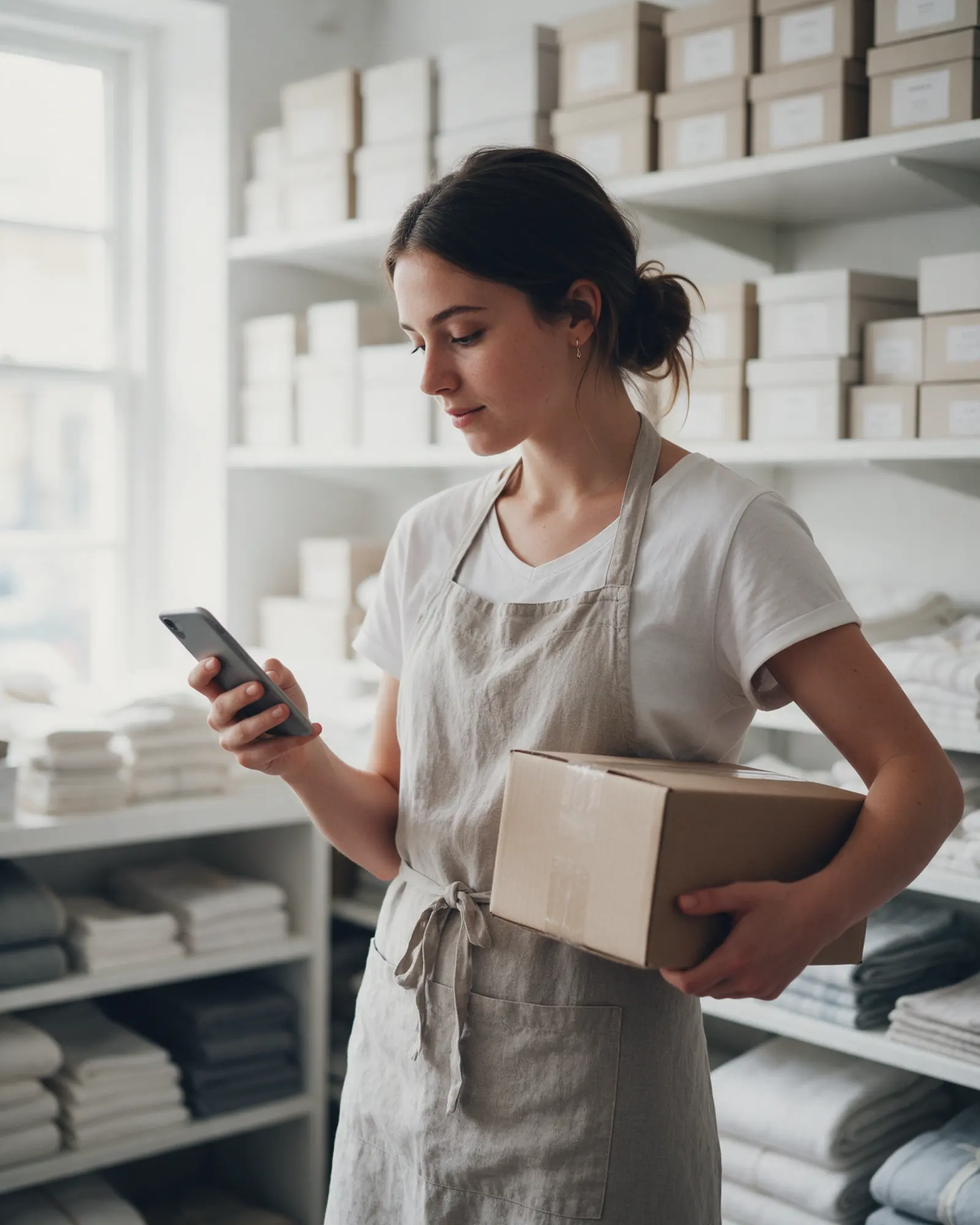 In the bright stockroom of a homeware shop, a shop assistant holds a box on her hip and checks it against her phone