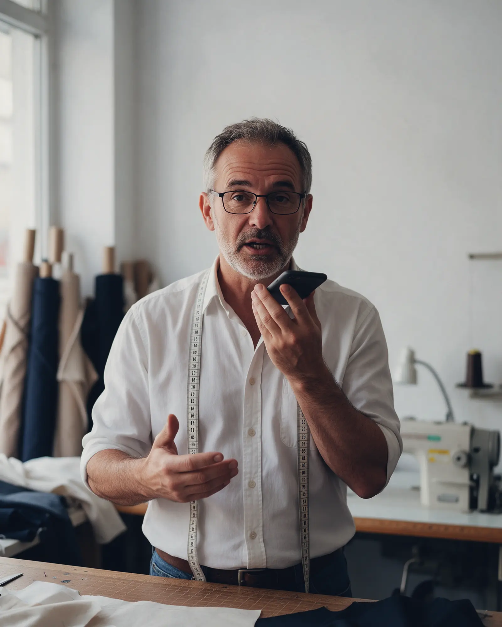 A tailor in his bright workshop records a voice message on his phone, explaining something with his free hand