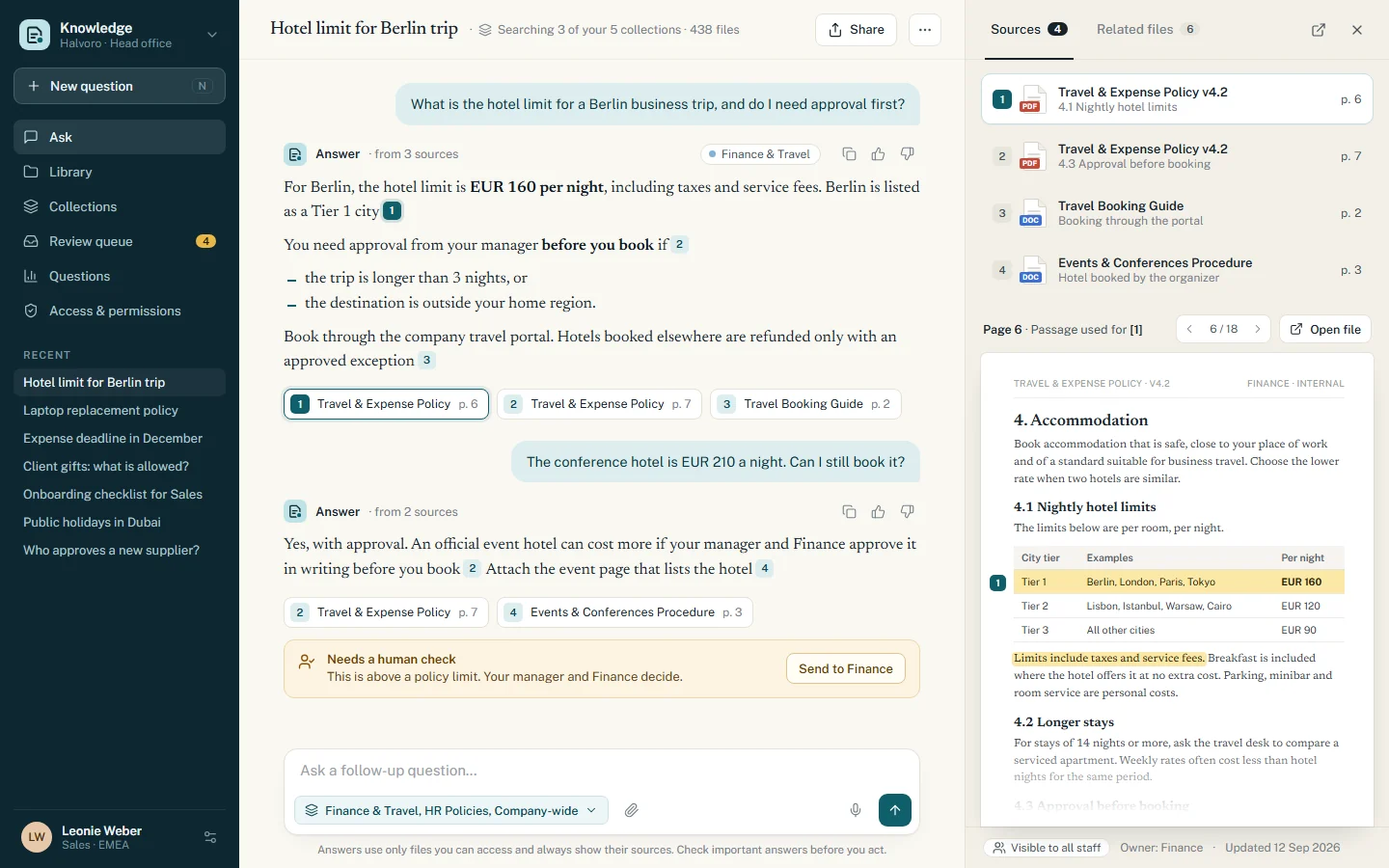 Document assistant on a desktop: an answer about a hotel limit, with its four sources and the policy page open beside it