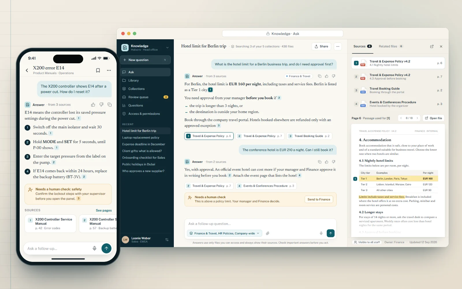 AI document assistant answering with sources