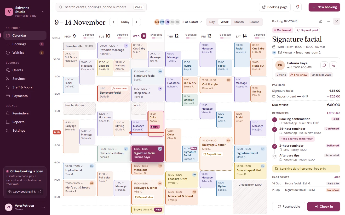 Our booking system's team calendar: a week of bookings for each member of staff, side by side