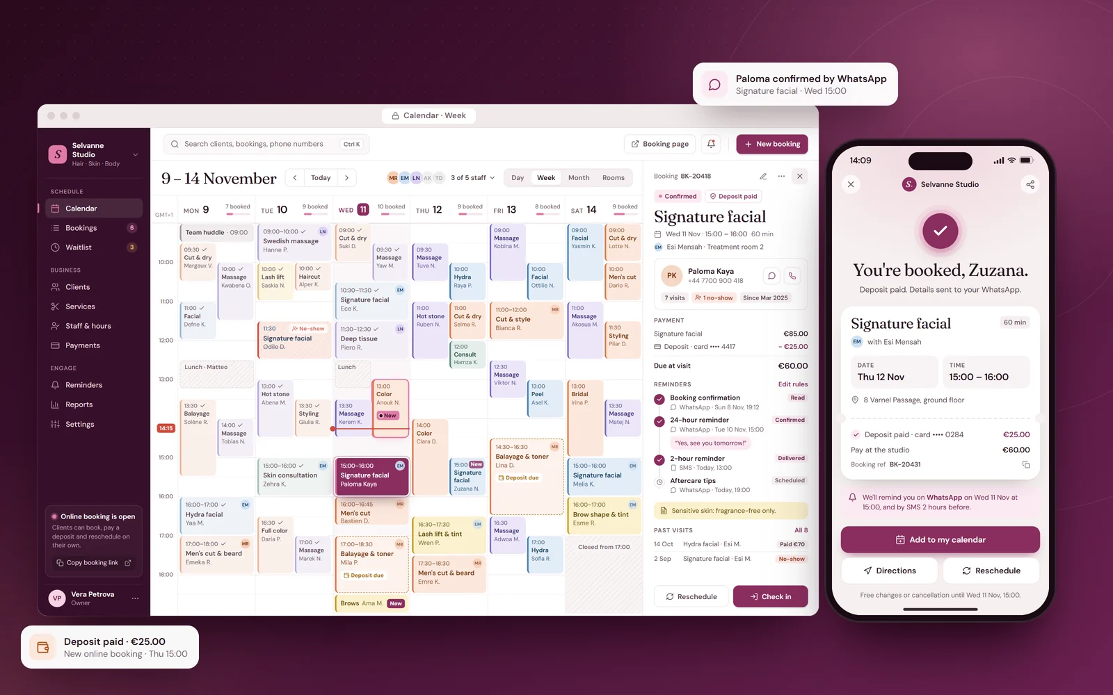 Booking system staff calendar and phone confirmation