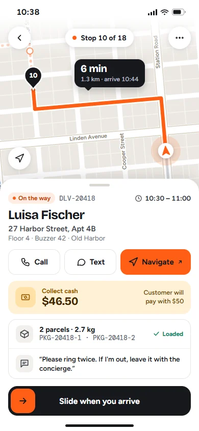The route to the next stop on a map, six minutes away, with buttons to call, text or navigate
