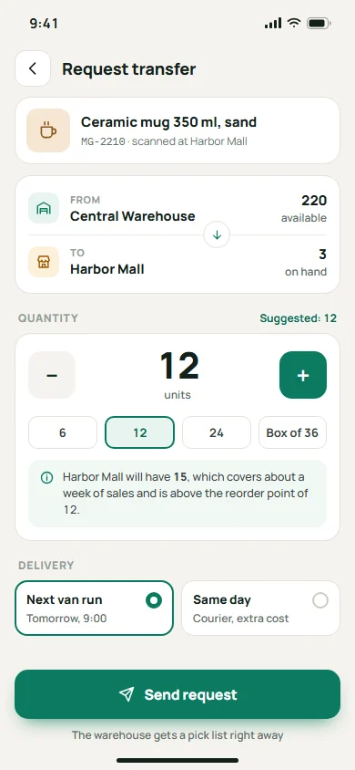 Phone screen of the inventory app: a request to move 12 ceramic mugs from the central warehouse to the Harbor Mall store on the next van run