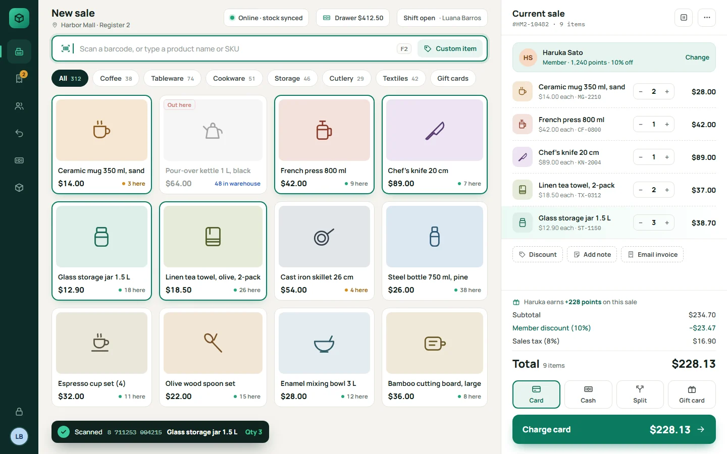 Point of sale in our inventory system: products to tap on the left, the current sale and a card payment of $228.13 on the right