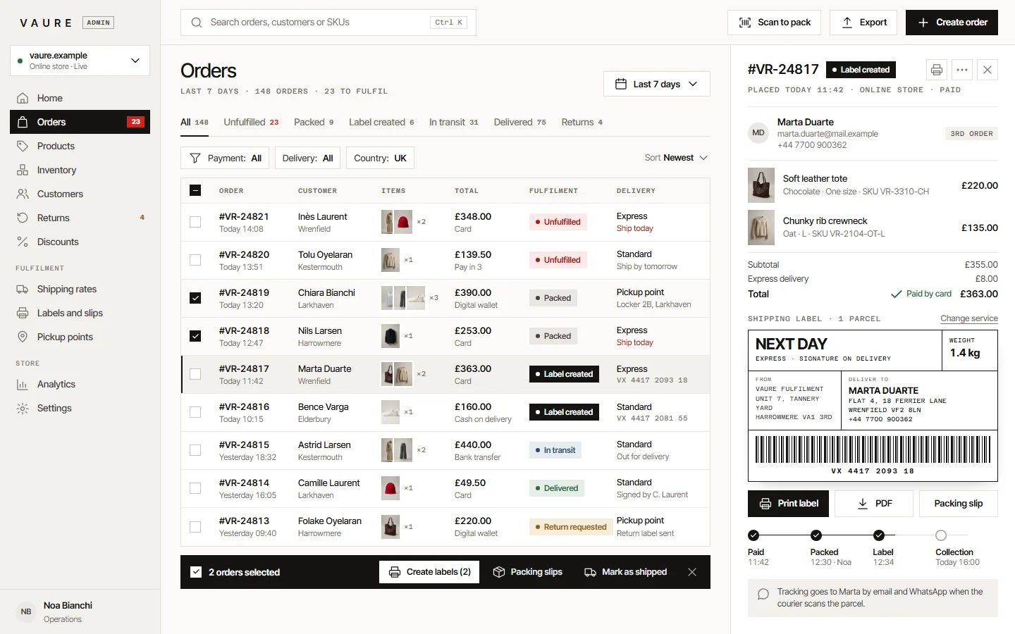 Orders admin with fulfilment statuses, bulk label printing and a shipping label preview for each order.