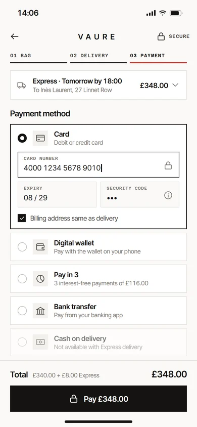 Mobile checkout, payment step: card, digital wallet, pay in 3 or bank transfer, then one button to pay
