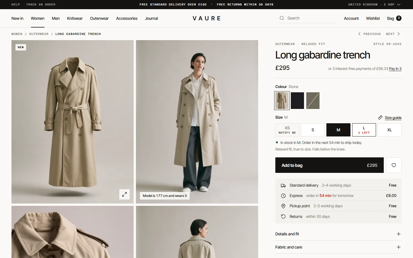 Online store product page: a long trench coat in large photos, with its colours, the sizes in stock and the delivery options