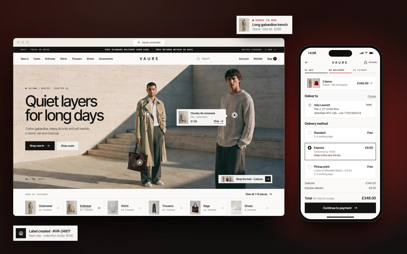 Fashion online store home page and mobile checkout screen