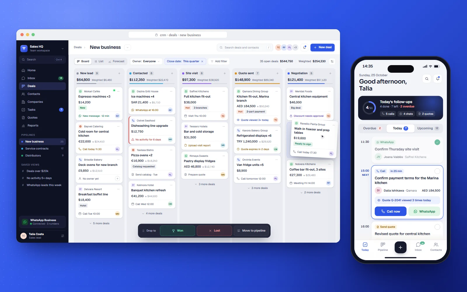 Sales CRM deals pipeline on desktop and phone