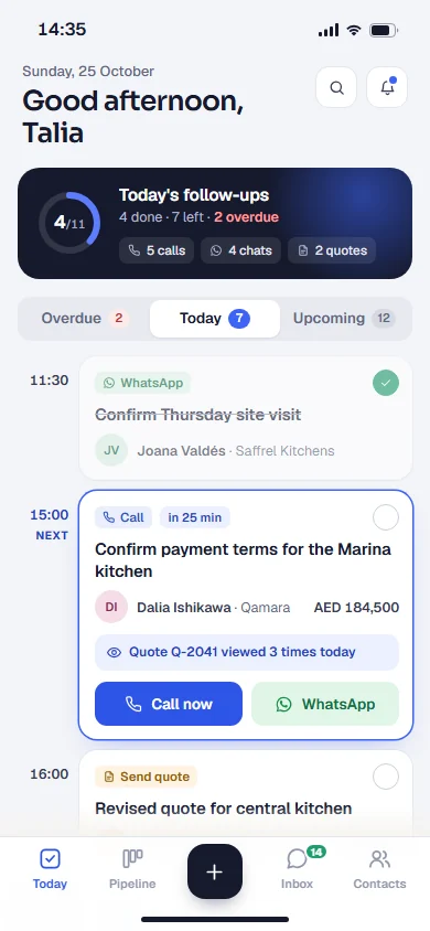 Our sales app on a phone: one rep's follow-ups for today, with a call to make and a quote to send